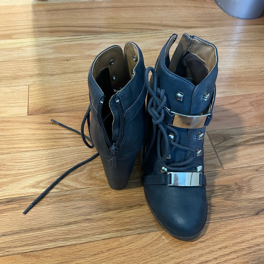 Navy blue and silver Vegan leather lace-up boots